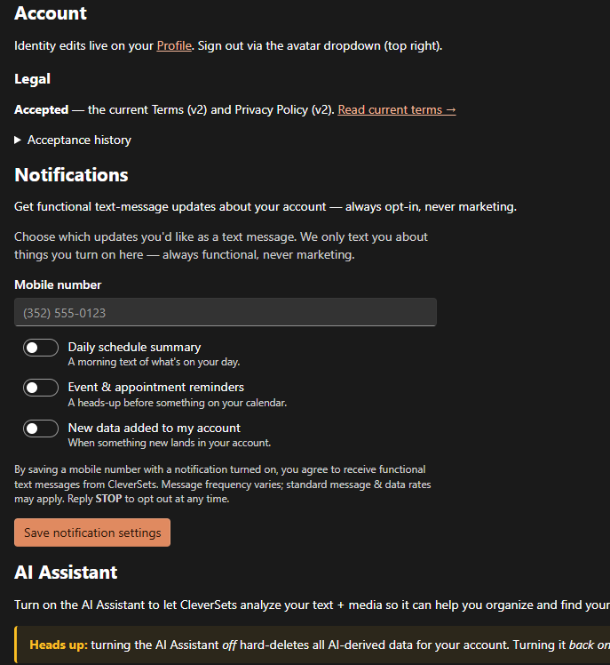The CleverSets Settings → Notifications screen: a mobile-number field, three individual opt-in toggles (Daily schedule summary, Event and appointment reminders, New data added to my account), and consent text stating that saving a number with a notification turned on constitutes agreement to receive functional text messages, that message frequency varies, standard message and data rates may apply, and that replying STOP opts out at any time.